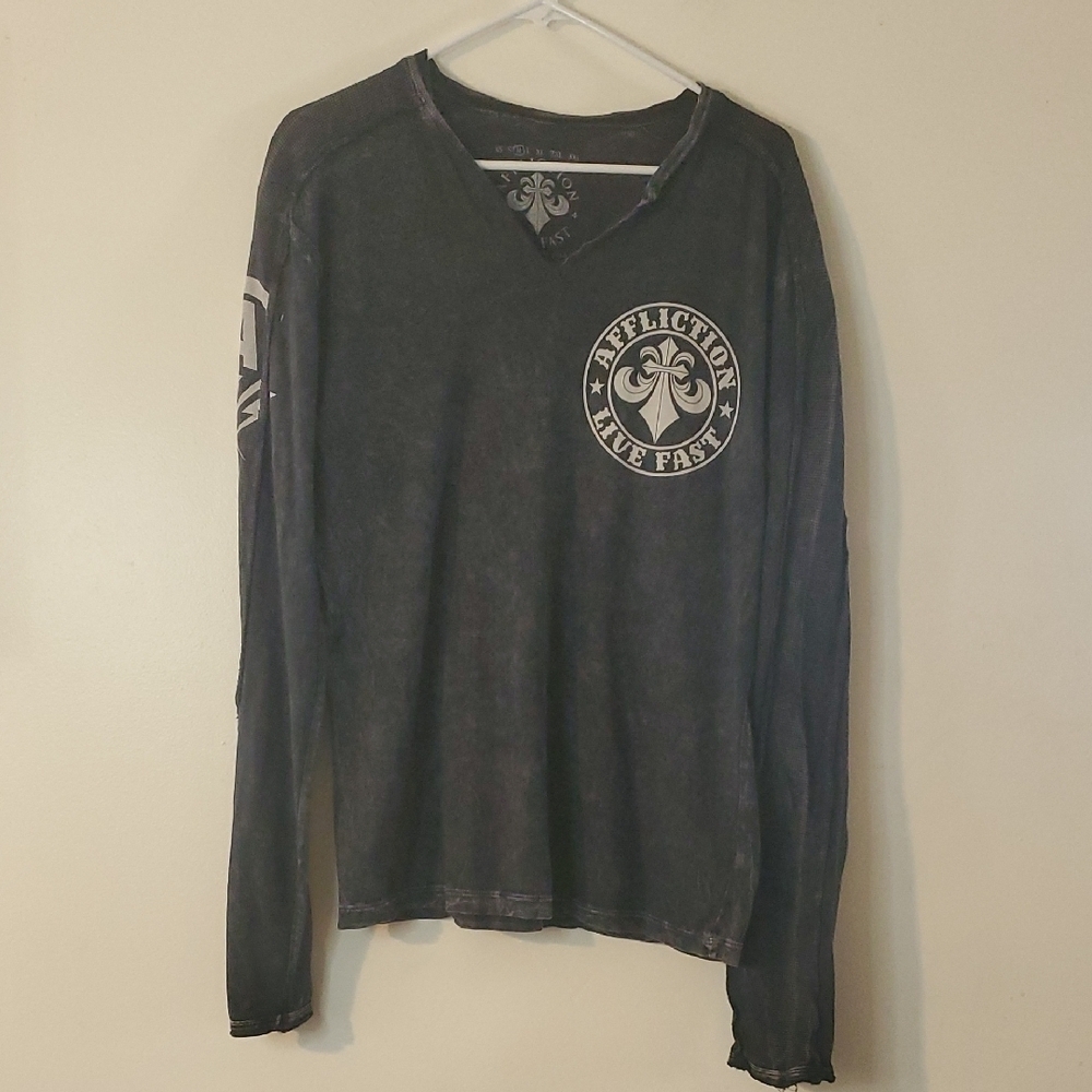 Mens Affliction Burnout Longsleeve Top Size Medium Back Arm Chest Graphic - Picture 1 of 9